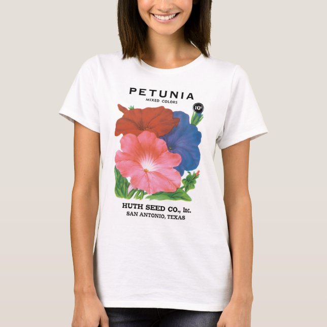Vintages Saatgutpackungs-Label Art, Petunia-Blume T-Shirt (Vorderseite)