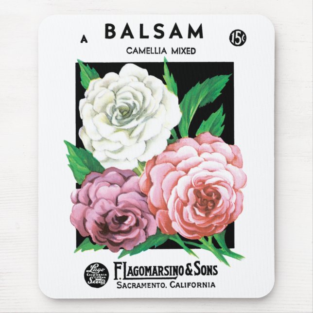 Vintages Saatgutpackungs-Label Kunst, Kamelien, Bl Mousepad (Vorne)
