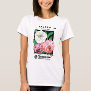 Vintages Saatgutpackungs-Label Kunst, Kamelien, Bl T-Shirt