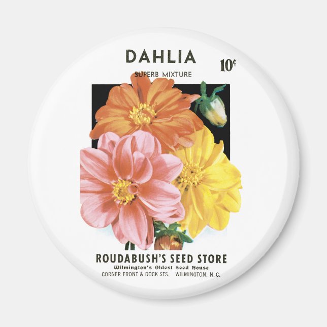 Vintages Saatgutpaket Kunst, Dahlia Garden Blume Magnet (Vorne)