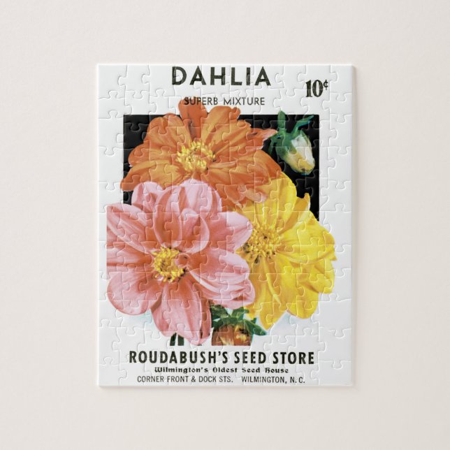 Vintages Saatgutpaket Kunst, Dahlia Garden Blume Puzzle (Vertikal)