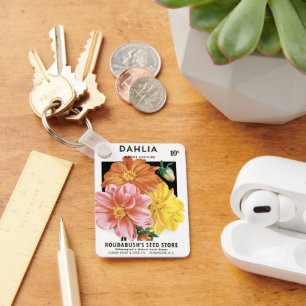 Vintages Saatgutpaket Kunst, Dahlia Garden Blume Schlüsselanhänger