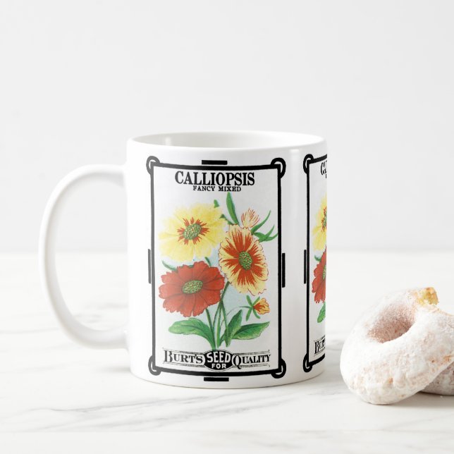Vintages Saatgutverpackungslabel Art, Calliopsis B Kaffeetasse (Mit Donut)