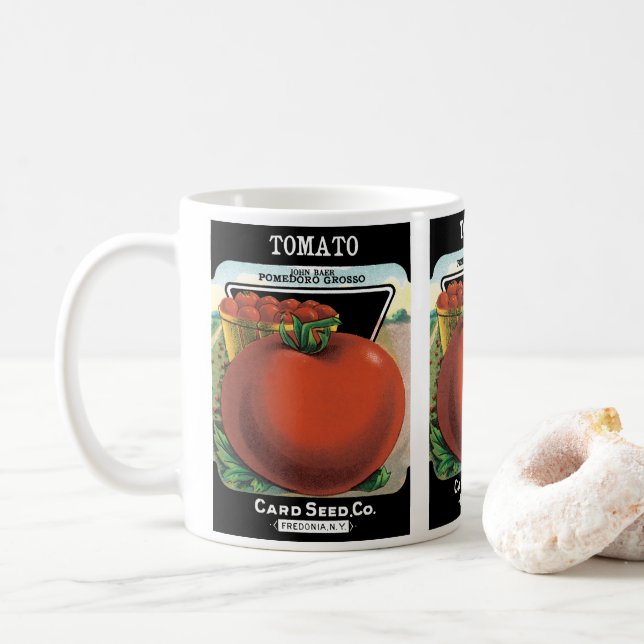 Vintages Saatgutverpackungslabel Art, Tomato Pomod Kaffeetasse (Mit Donut)