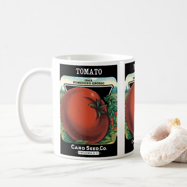 Vintages Saatgutverpackungslabel Art, Tomato Pomod Kaffeetasse (Mit Donut)