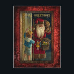 Vintages Santa Bringspielzeug Feiertagspostkarte<br><div class="desc">Ein wunderschönes nostalgisches Kunstwerk aus der Viktorianischen Zeit mit dem rot roten Weihnachtsmann an der Türe,  das Spielzeug in einem Anzug mit Seemann an ein kleines Kind bringt. Die Kunstwerke wurden digital restauriert und auf einem tiefen roten Damast-Hintergrund zentriert.</div>