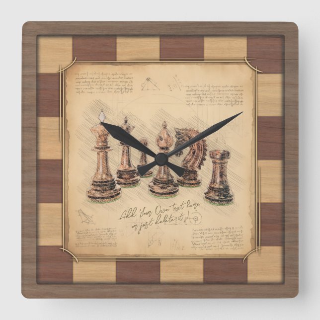 Vintages Schachbrett und Schachfiguren, Spielerges Quadratische Wanduhr (Vorderseite)