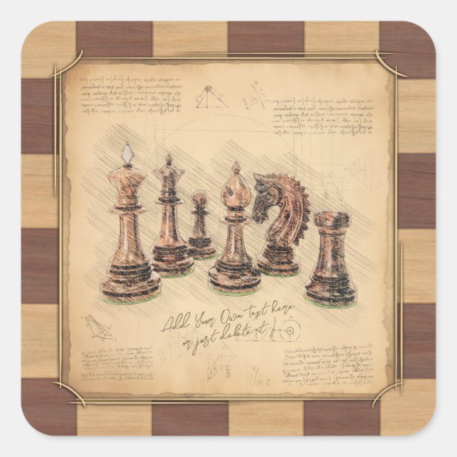 Vintages Schachbrett und Schachfiguren, Spielerges Quadratischer Aufkleber (Vorderseite)