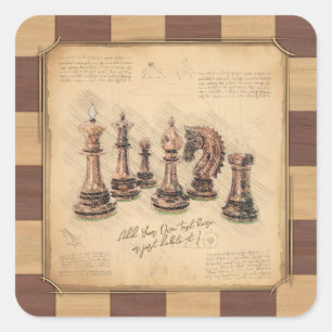 Vintages Schachbrett und Schachfiguren, Spielerges Quadratischer Aufkleber