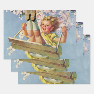 Vintages Schauen, Girl Swinging in a Tree Kinder s Geschenkpapier Set