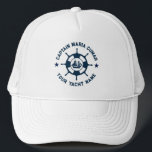 Vintages Schiff des Blue White Nautical Boat Wheel Truckerkappe<br><div class="desc">Das nautische Bootrad in Blau und Weiß ist eine einfache Abbildung mit dem Boot auf dem Wasser in der Mitte. Anpassbarer Text für Kapitäns- und Yachtnamen.</div>