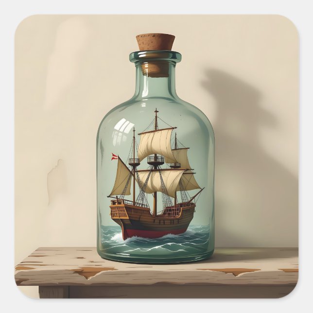 Vintages Schiff in einer antiken Flasche Quadratischer Aufkleber (Vorderseite)