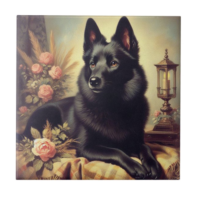 Vintages Schipperke Dog Gemälde Fliese (Vorderseite)