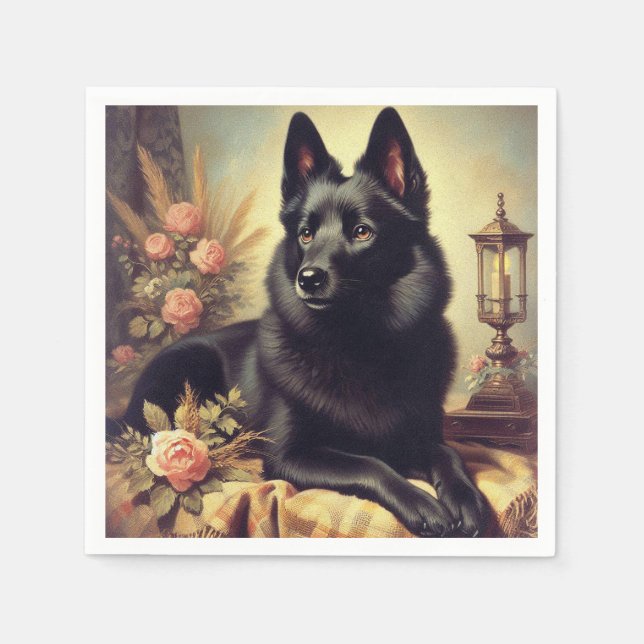 Vintages Schipperke Dog Gemälde Serviette (Vorderseite)