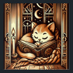 Vintages Schlafen Art Deco Cat mit einem Buch Acryl Wandkunst<br><div class="desc">Adorable Vintage Kunst-Deko-Art-Art-Illustration einer Katze schlafend auf einem Buch mit Kerzenlicht,  vor einem Fenster mit einem Nachthimmel mit Mond und Sternen draußen. Die Farben sind braune Sepia-Töne.</div>
