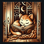 Vintages Schlafen Art Deco Cat mit einem Buch Fotodruck<br><div class="desc">Adorable Vintage Kunst Deko Kunststil Illustration einer Katze schlafend auf einem Buch mit Kerzenlicht,  vor einem Fenster mit einem Nachthimmel mit Mond und Sternen draußen. Die Farben sind braune Sepia-Töne.</div>