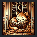 Vintages Schlafen Art Deco Cat mit einem Buch Poster<br><div class="desc">Adorable Vintage Kunst Deko Kunststil Illustration einer Katze schlafend auf einem Buch mit Kerzenlicht,  vor einem Fenster mit einem Nachthimmel mit Mond und Sternen draußen. Die Farben sind braune Sepia-Töne.</div>