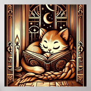 Vintages Schlafen Art Deco Cat mit einem Buch Poster