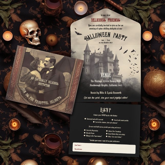 Vintages Schloss Dracula All In One Einladung (A beautifully romantic Halloween invitation that can be fully customised. Even Vlad would be proud.)