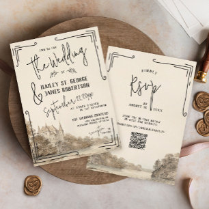 Vintages Schlosshandgezeichnete Hochzeitseinladung Einladung