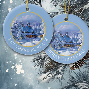 Vintages Schneehaus und Bäume Keramik Ornament