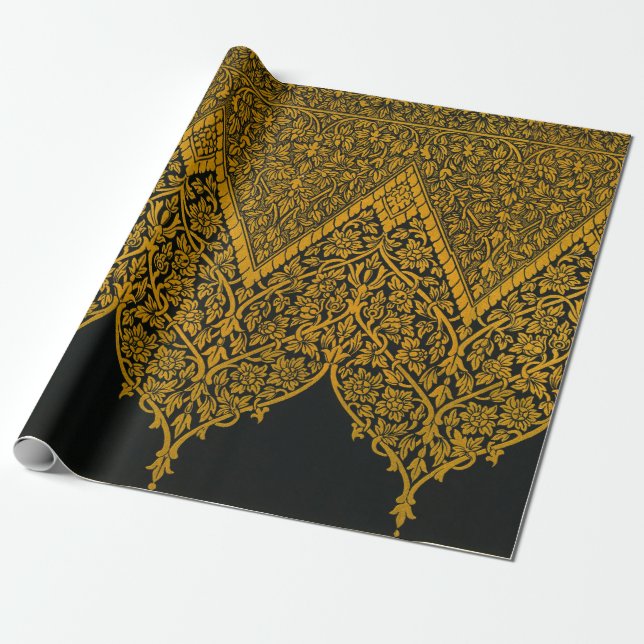 Vintages Schwarz-Gold-Indisches Blumenmuster Geschenkpapier (Ungerollt)