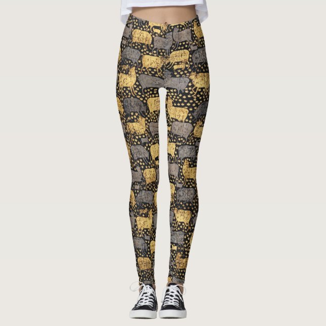 Vintages Schwarz-Gold-Kuh-Muster | Sommerreise Leggings (Vorderseite)
