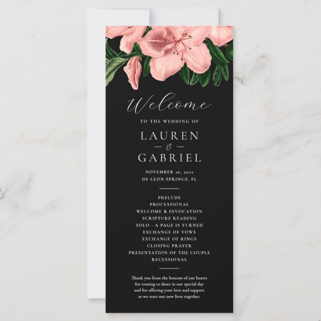 Vintages Schwarz-Rosa-Hochzeitsprogramm mit Blüten (Vorderseite)