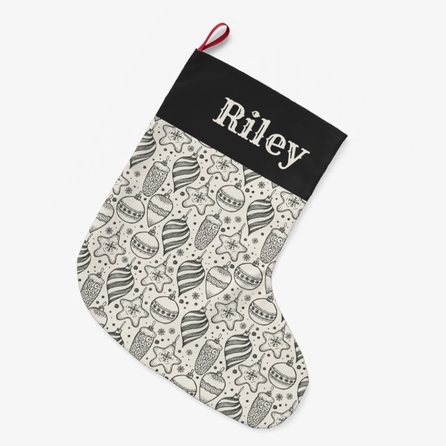 Vintages Schwarz und Elfenbeinschmuck Urlaub Großer Weihnachtsstrumpf (Vorderansicht (hängend))