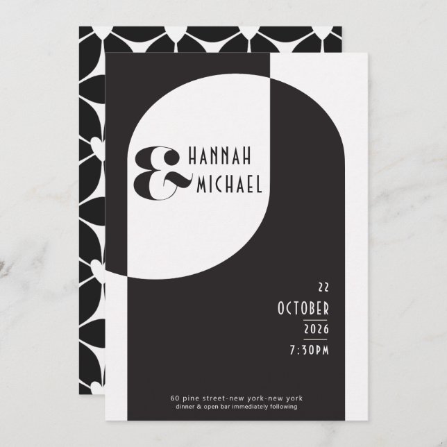 Vintages Schwarz-weißes Art Deco Einladung (Vorne/Hinten)