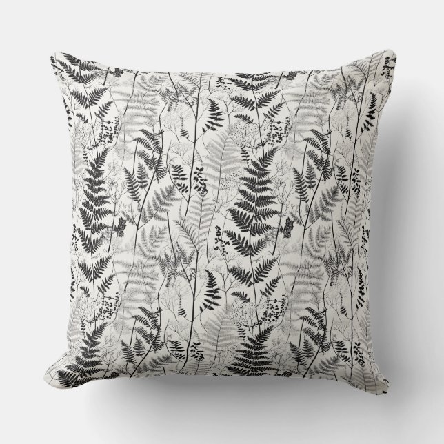 Vintages Schwarz-weißes Farnmuster Kissen (Vorderseite)