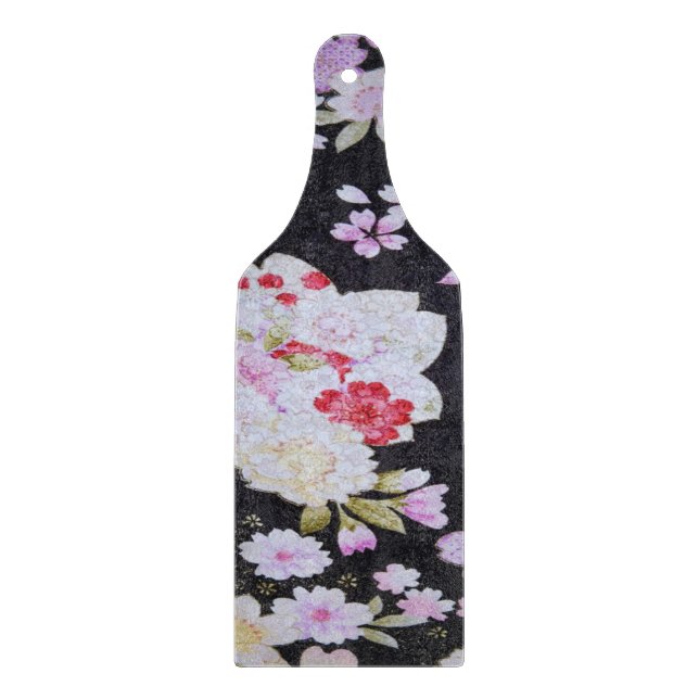 Vintages Schwarz-weißes japanisches Kimono-Blumeng Schneidebrett (Vorderseite)