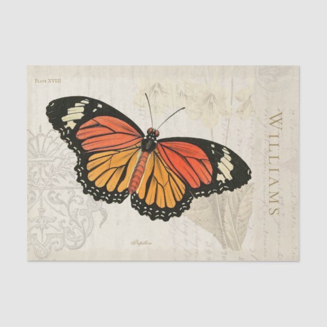 Vintages Schwarz-weißes Orange Butterfly-Papierpap Seidenpapier (Vorderseite)