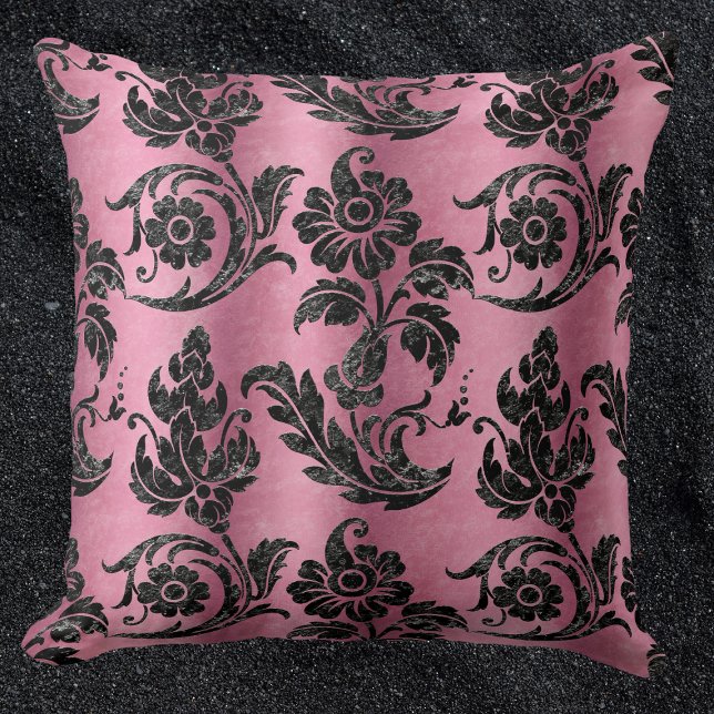 Vintages schwarzes Floral Damask rosa Muster Kissen (Von Creator hochgeladen)