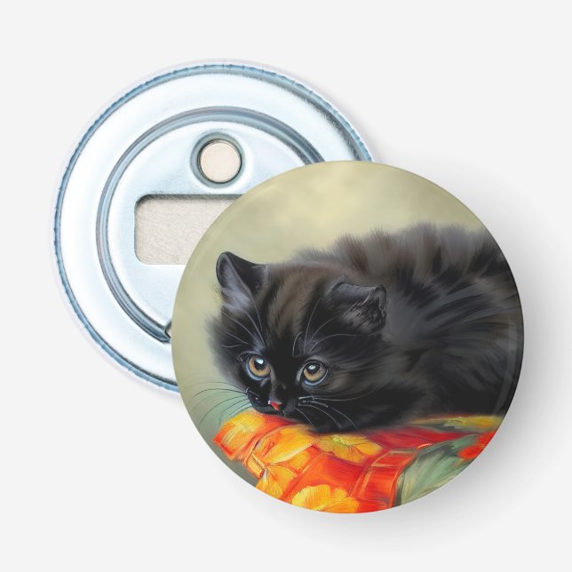 Vintages Schwarzes Kitten mit roter Blume Blanket Flaschenöffner (Vorderseite)