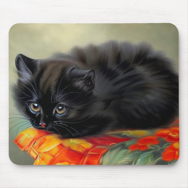 Vintages Schwarzes Kitten mit roter Blume Blanket Mousepad (Vorne)