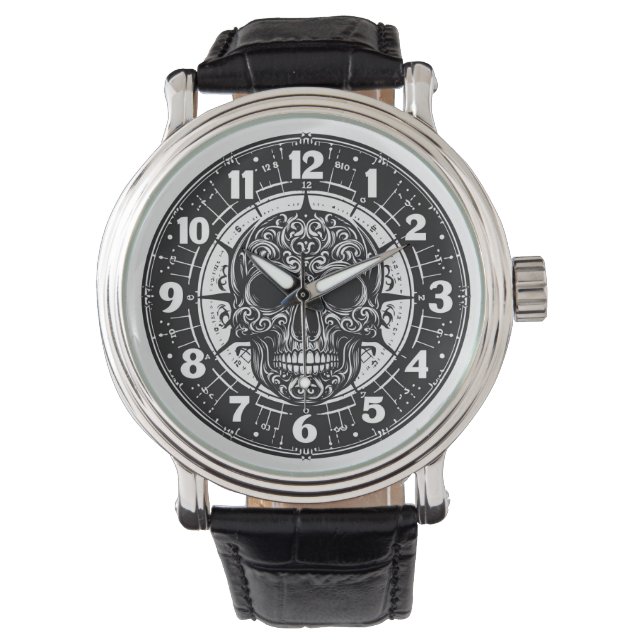 Vintages schwarzes Leder Gothic Skull Watch Armbanduhr (Vorderseite)