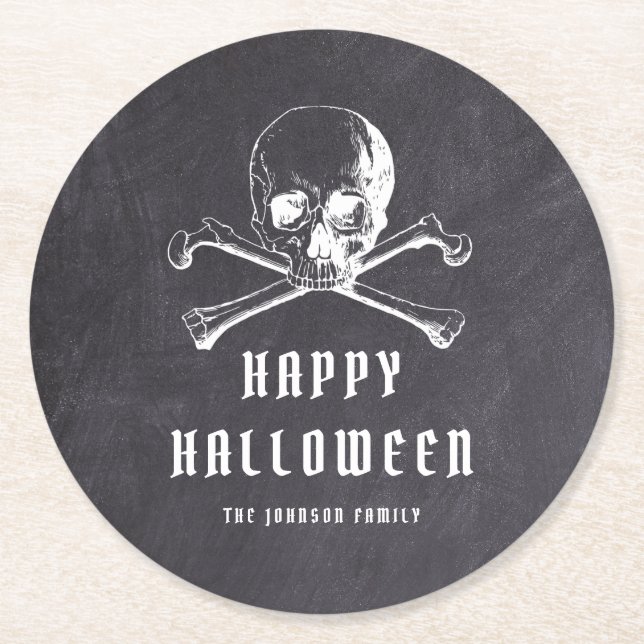 Vintages Schwarzes Piraten-Skull und KnochenHallow Runder Pappuntersetzer (Vorderseite)