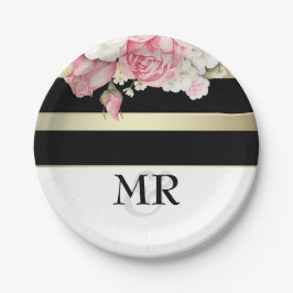 Vintages schwarzes Wedding mit Blumengoldweiße Pappteller