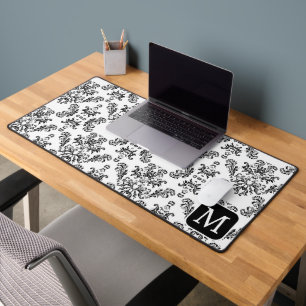 Vintages Schwarzschwarz-Damastmuster Custom Monogr Schreibtischunterlage