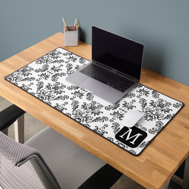 Vintages Schwarzschwarz-Damastmuster Custom Monogr Schreibtischunterlage (Büro 2)