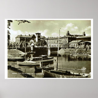 Vintages Schweden, Malmo, Wasserfront und Boote Poster