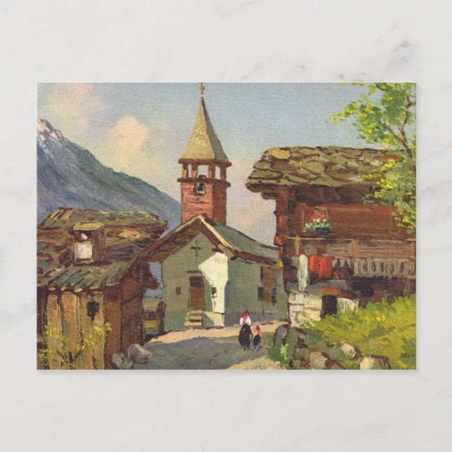 Vintages Schweizer Dorf im Wallis Postkarte (Vorderseite)