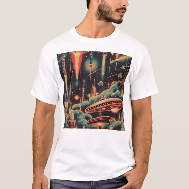 Vintages Sci-Fi-Muster T-Shirt (Vorderseite)