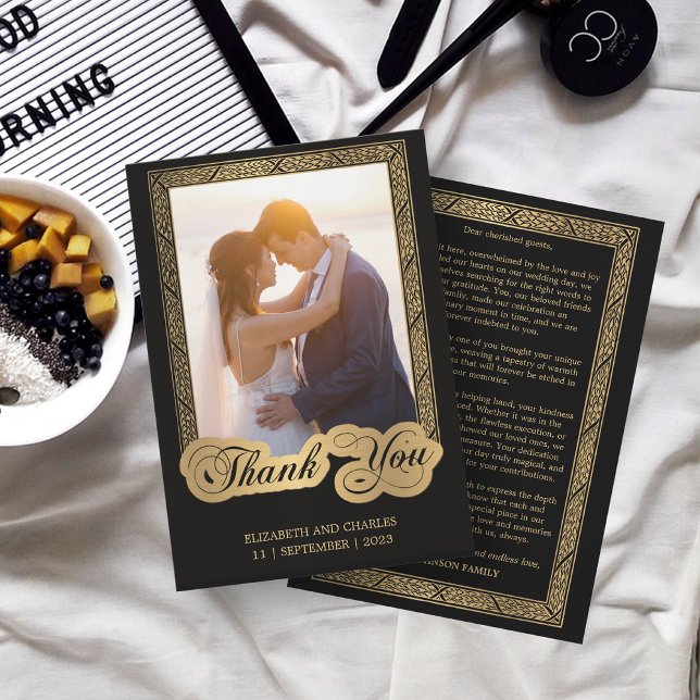 Vintages Script Black and gold Wedding Foto Dankeskarte (Von Creator hochgeladen)