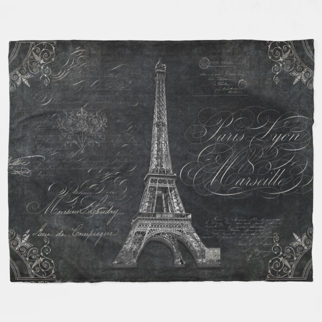 Vintages Script Paris Eiffel Tower Black Chalkboar Fleecedecke (Vorderseite (Horizontal))