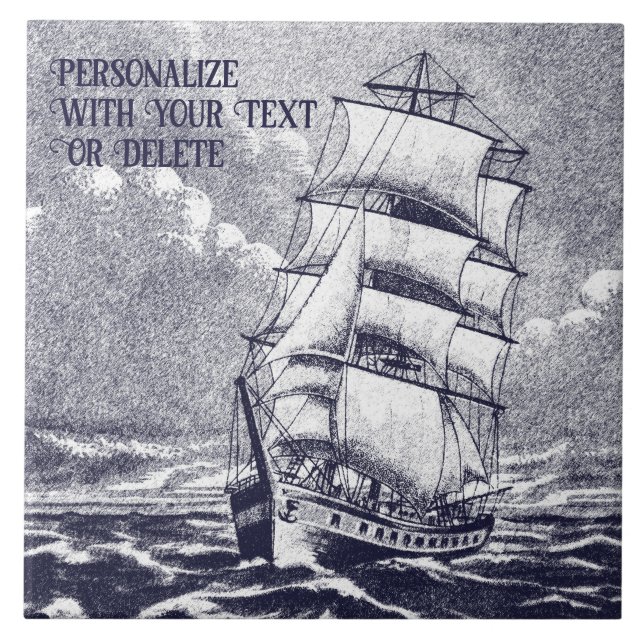 Vintages Segelschiff Nautical Zeichnend Marine Fliese (Vorderseite)