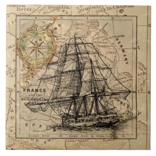 Vintages Segelschiff und alte europäische Karte Fliese