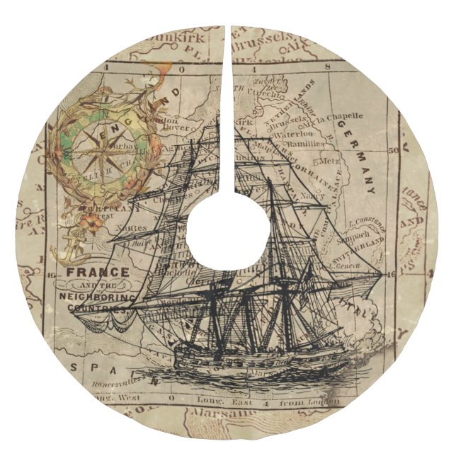 Vintages Segelschiff und alte europäische Karte Polyester Weihnachtsbaumdecke (Vorderseite)