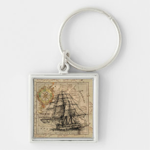 Vintages Segelschiff und alte europäische Karte Schlüsselanhänger